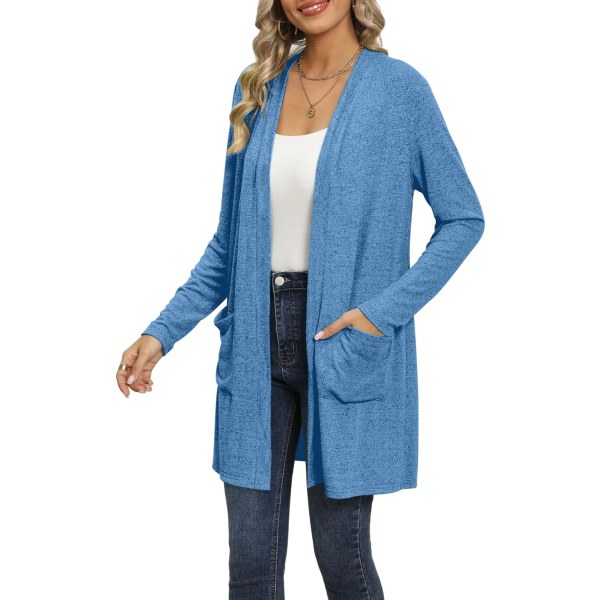 MOON Womens Long Cardigan 2024 Fall Lättvikts långärmad 0penna främre tröja med fickor Blå Medium
