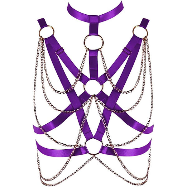 en's Body Harness Bra Punk Elastisk Justerbar Metallkedja BH Gotisk Karneval Halloween Kostymtillbehör Lila
