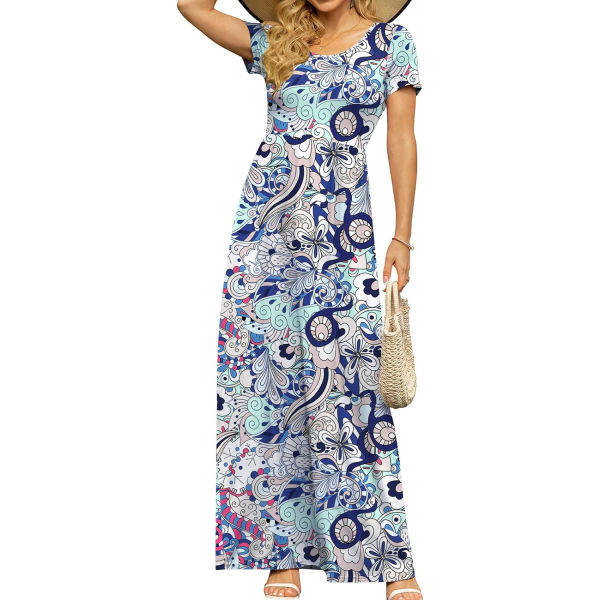 MOON kortärmade maxiklänningar för kvinnor Casual Empire Midja lång klänning med fickor Blå blommig 02 Stor