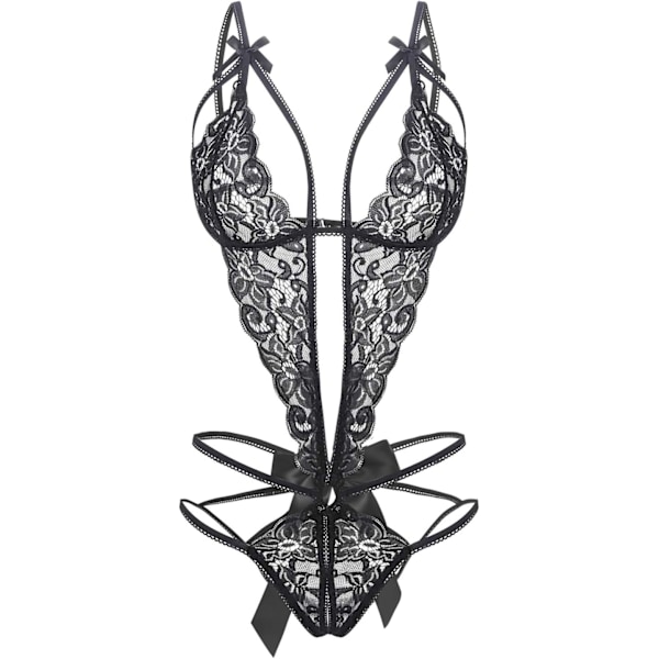 nalla Dam djup V-spets Teddy One Piece Lingerie Cutout Strappy Lingerie Svart XX-Large