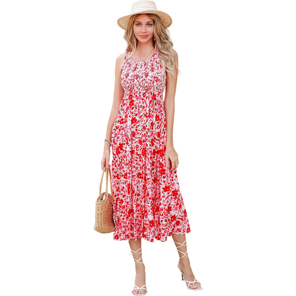 ivimos Dam Sommar Ärmlös Tank Klänning Boho Casual Smocked Rygglös Tiered Volang Flytande Midi Klänning Whitered-floral Medium