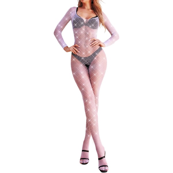 KELF Dam Klassisk Nätstrumpa Bodystocking Lingerie Fest Sparkle Rhinestone Strumpor En Del Vit En Storlek