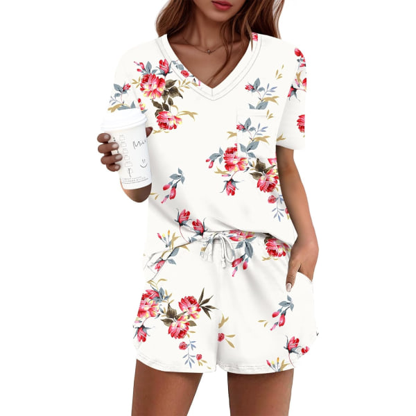MOON Damkläder Pyjamas Set 2-delat Lounge Set Söt Kort Pyjamas Med Ficka Sovkläder Vit Blommig Stor