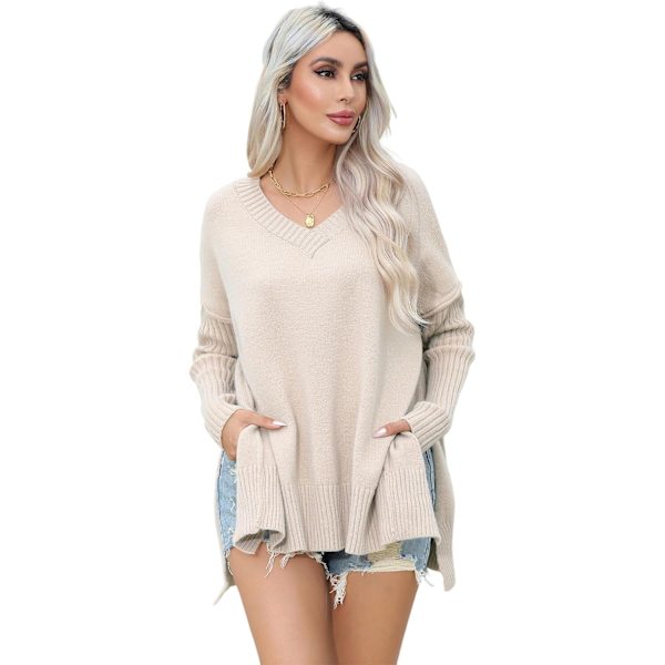 ivimos Dam Överdimensionerad Tröja Höst Långärmad V-hals Lös Casual Toppar Grovstickad Pullover Sidoslits Varm Tröja Beige Medium