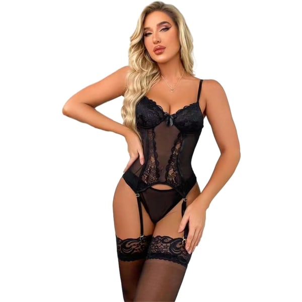 YTINE Dam Sexig Lingerie Set med Strumpeband Spets Body Plus Size Korsett Lingerie Mage Kontroll med Strumpor  Liten