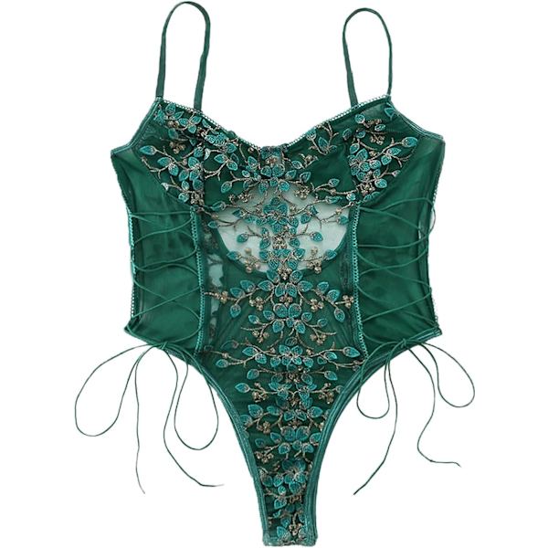 osy Kvinnor Sexig Spets Upp Blommig Broderad Teddy Lingerie Bodysuit Topp Mesh Sheer One Piece Armégrön Stor