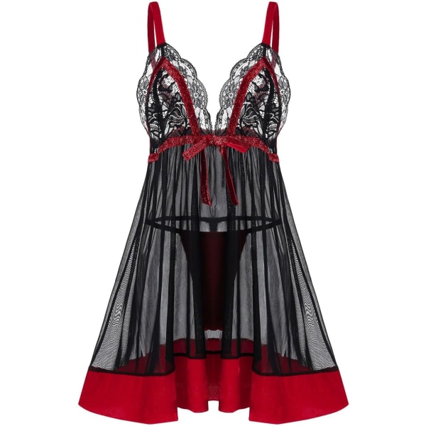 E GAL Rosegal Dam Plus Size Lingerie Chemise Velour Panel Bowknots Ruffled Hem Babydoll med G-String Trosa Svart_1 Stor