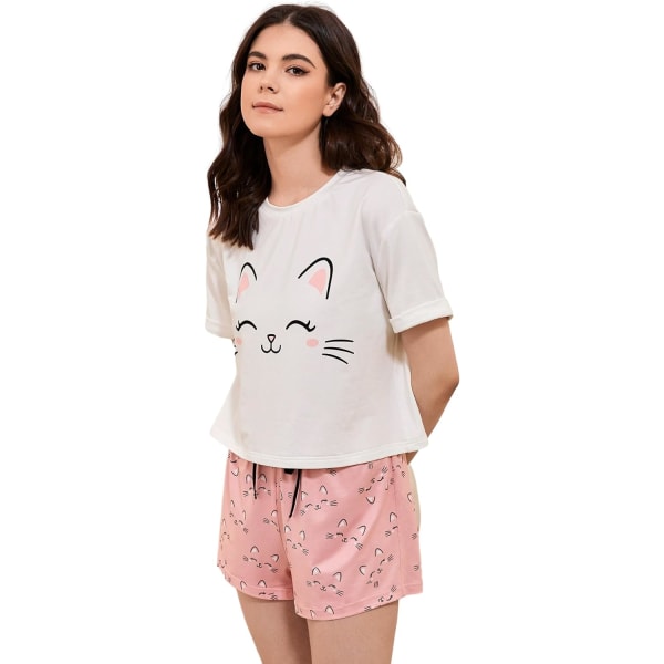 dusa Dam 3-delad rutig pyjamas med t-shirt och shorts, vit/rosa, liten