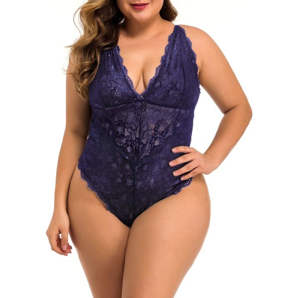 ALAKA Dam Plus Size Spets Bodysuit Teddy Lingerie En Delad Babydoll Clubwear S-XXXXL Mörkblå X-Large