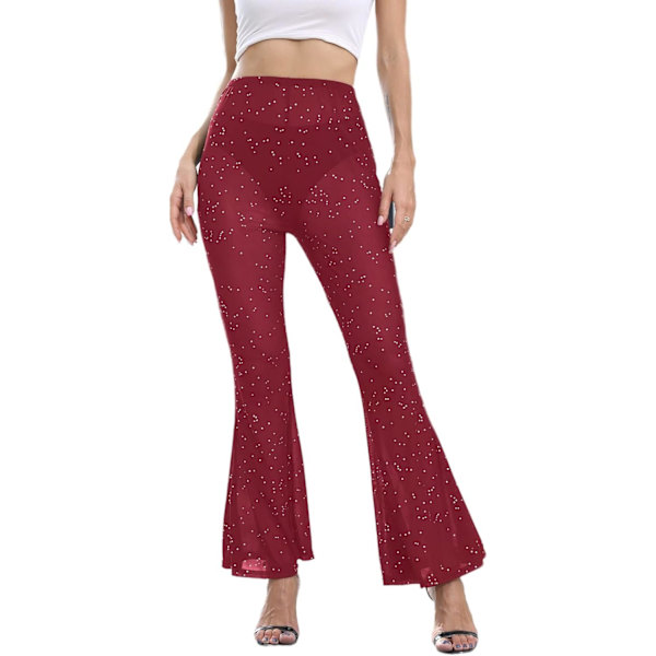 en Rave Sheer Mesh Shiny Pants Flared High Waist Bell Bottom Pants for Party Dance Festival Red Small