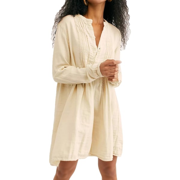 ivimos tunikaklänning för kvinnor Höst bomull Knäppning långärmad Casual miniskjortaklänning Beige X-Large