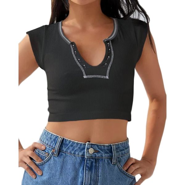 missy Dam Crop Top Crew Neck T-Shirt Kortärmad Ribbstickad Basiskortad Tank Top
