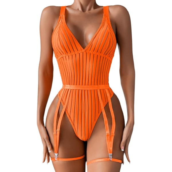 i&Shi Sexig Ribbad Topp, Djup V-ringning, Knäppning i Grenen, Benrem, Rygglös 3-delad Body Neon Orange 35