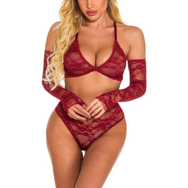 naly Yxinly Sexig Underkläder för Kvinnor Hög Midja BH och Trosor Set Babydoll Bodysuit med Handskar Mörk Röd Stor