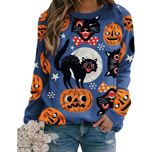 aolk Pumpa-tröja Halloween Crewneck-tröja - Katter Grafisk Tryckt Långärmad Lös Pullover-topp