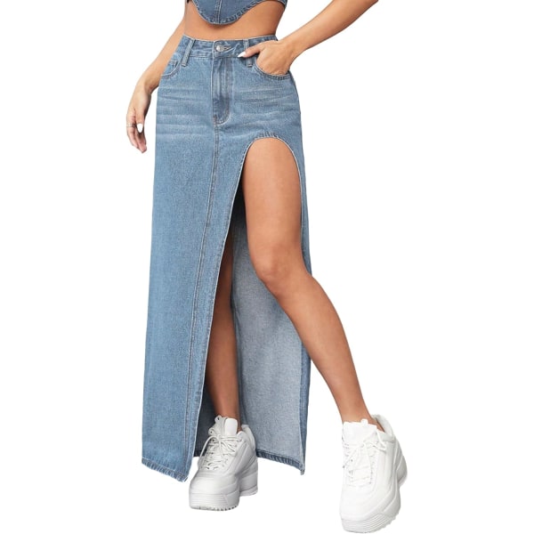 dusa Dam High Waist Split Lår Denim Lång Maxi Kjol Ljus Tvätt Liten