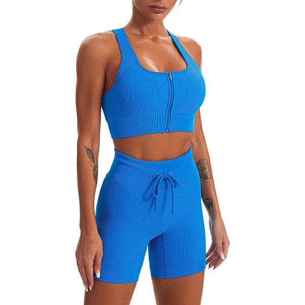CIW Dam Workout Set 2-delat sömlös ribbad hög midja shorts med tank crop top sport bh yoga outfits dragkedja Royal Bl Large