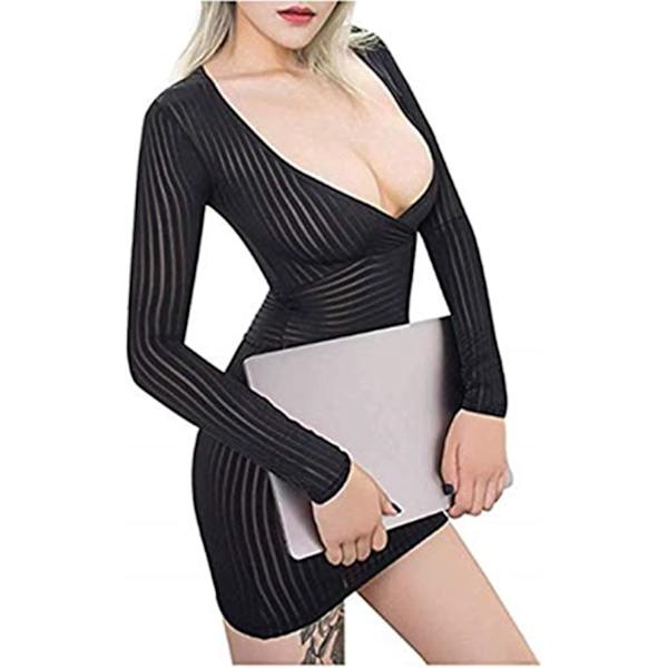 xinyu Kvinnors Sexiga Klänning Vertikal Cut Out Cosplay Bodysuit Sheer Bodysuit Bodycon Romper Svart2