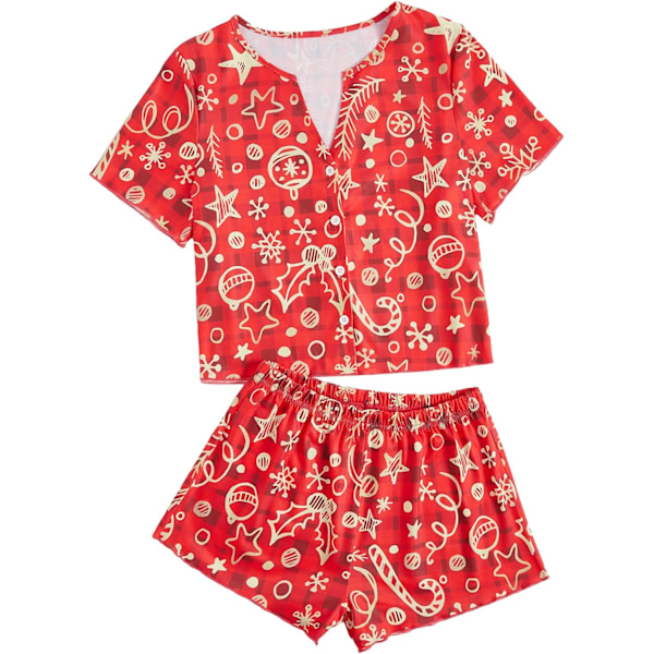 dusa Dam 2-delad knapp ned kort ärm Ditsy blommig knapp fram Pyjamas Loungewear PJ Set Ljusröd X-Large