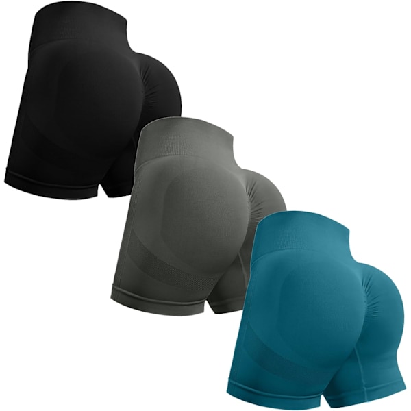 ORT 3-pack träningsshorts för kvinnor, sömlösa, rumplyftande, hög midja, yogashorts, booty-shorts, löparshorts, svarta/mörkgrå/cyan, medium