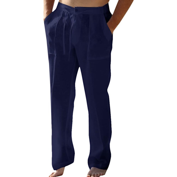 oybuy Herr Linnebyxor med dragsko Strand Golf Elastisk midja Vår Lång Casual Lös Sommar Yoga Bomull Joggingbyxor 1 01-marinblå Stor