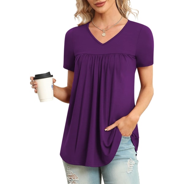 LASI Dam Sommartoppar V-hals Korta Ärmar Casual Skjorta Flytande Tunika Blus Lila X-Large