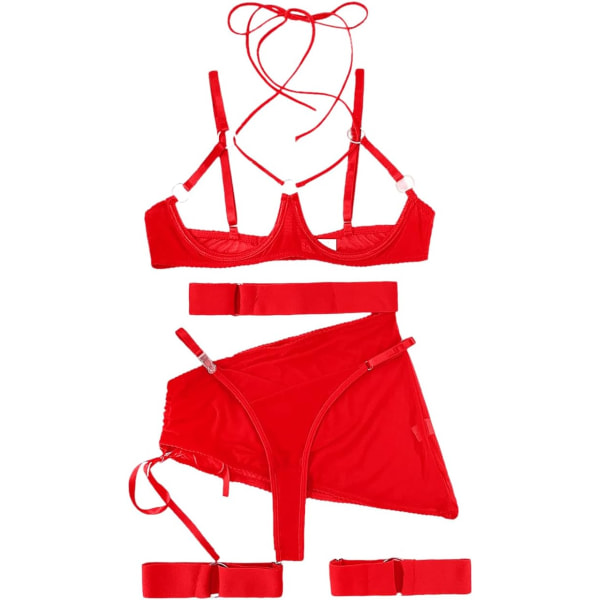 i&Shi 4 st Öppet underkläder, strappy cutout, snörning, oregelbunden mesh kjol Röd 10-12