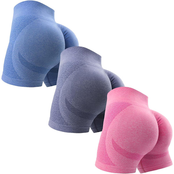 ORT 3-pack träningsshorts för kvinnor, sömlösa, rumplyftande, hög midja, yogashorts, gym, booty, löparshorts, safirblå/lila/rosröd, medium