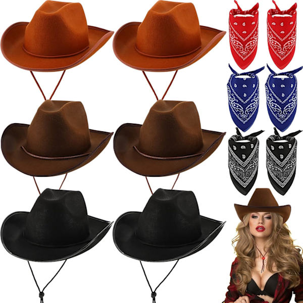 12 st vuxna cowboyhattar för kvinnor och män Western Cowgirl-hattar med justerbar dragsko och Cowboy Party Paisley Bandana