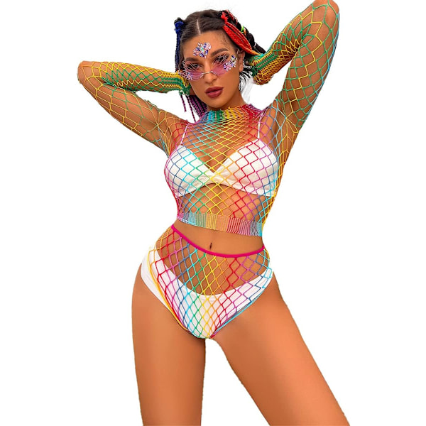 Sexig Teddy Rainbow Fishnet Chemise Hot Mesh Miniklänning Lingerie Babydoll Bodysuit Genomskinlig Cover Up Klänning Långärmad Topp En Storlek