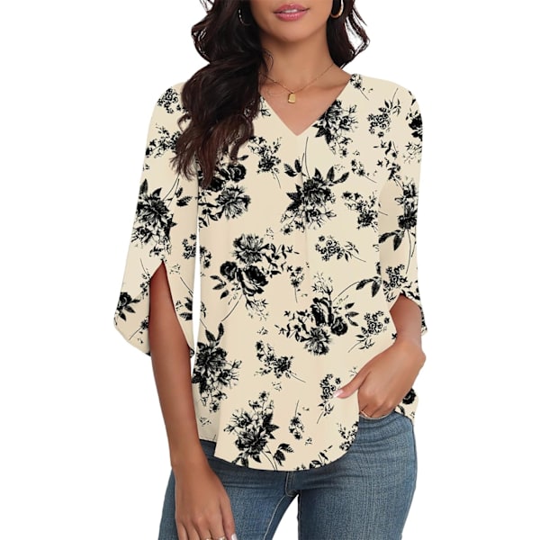 LASI Dam sommar chiffong skjorta 3/4 ärm V-ringning avslappnad lös workwear topp lämplig för leggings 2024 flytande formell T-shirt  Medium