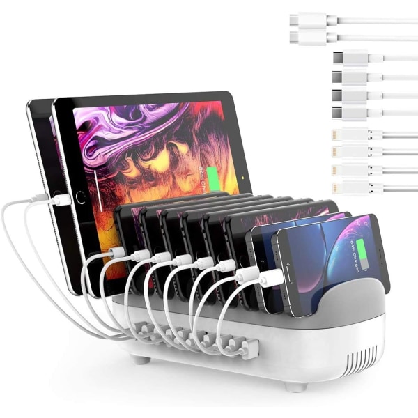 USB-laddningsstation Dock 10-Port Snabbladdningsstation för flera enheter, Smart laddningsorganisatör med 10 kablar Kompatibel för Apple iPad iPhone Android-telefon (Vit - 10 USB-portar)