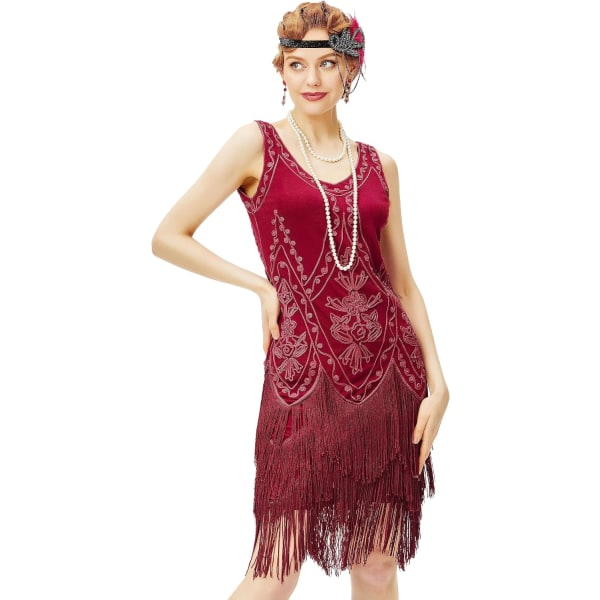 EYOND 1920-tals Flapper Dress Roaring 20-tal Great Gatsby Costume Klänning Fransad Utsmyckad Klänning Vinröd Liten