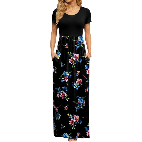 MOON kortärmade maxiklänningar för kvinnor Casual Empire Midja lång klänning med fickor Blå blommig Bla XX-Large