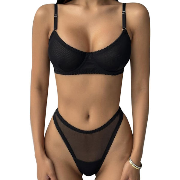 yx Dam Sheer See Through Lingerie Set Sexig Mesh Spets-BH och Trosset 2-delat Svart Medium