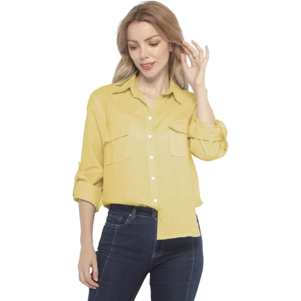 ch Långärmade skjortor i linne med knappar för kvinnor med fickor #2046 Gul liten