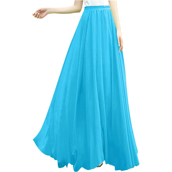 Kvinnor Full/Ankel Längd Elastisk Plisserad Retro Maxi Chiffon Lång Kjol Ljusblå Medium