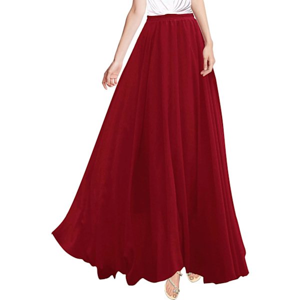 Kvinnor Full/Ankel Längd Elastisk Plisserad Retro Maxi Chiffon Lång Kjol Vin X-Large