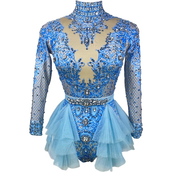 tival Rhinestone Team Bodysuit Ruffle Women Big Stretch Nightclub Prom Bar drag queen costumes Stage Singer Dance Leotar Blue