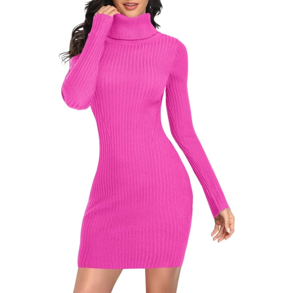 Kvinnor Turtleneck långärmad Bodycon Höst Vinter Mini Slim Knit Sweater Dress Hot Pink Small