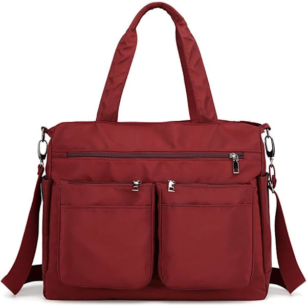 o Dam Multi Pocket Mjuk Nylon Axelväska Crossbody Väska Tote Väska Handväska Vinröd