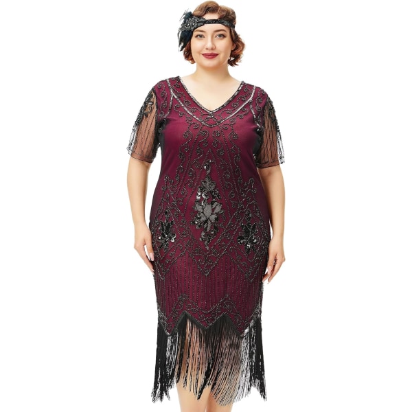 EYOND Plus Size 1920-tal Art Deco fransad paljettklänning Flapper Gatsby kostymklänning för kvinnor Röd och svart 3X-Large Plus