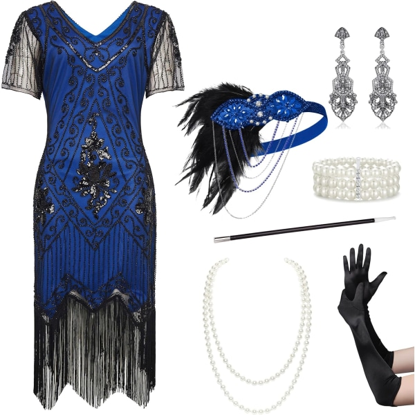 EYOND Plus Size 1920-tals Art Deco Fransad Paljettklänning Flapper Gatsby Kostymklänning för Kvinnor Set - Blåsvart 4X-Large