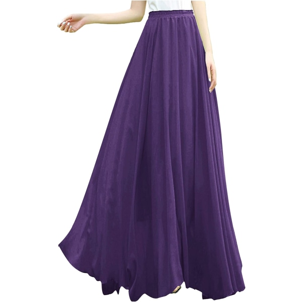 Kvinnor Full/Ankel Längd Elastisk Plisserad Retro Maxi Chiffon Lång Kjol Lila 4X-Large