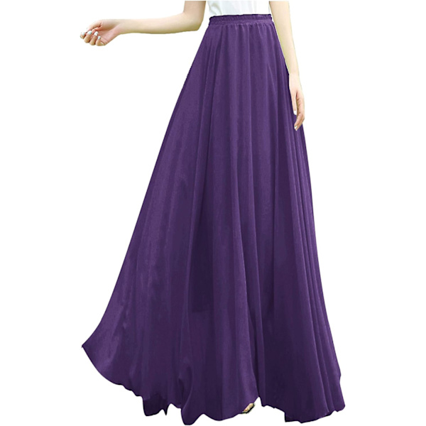 Kvinnor Full/Ankel Längd Elastisk Plisserad Retro Maxi Chiffon Lång Kjol Lila X-Large