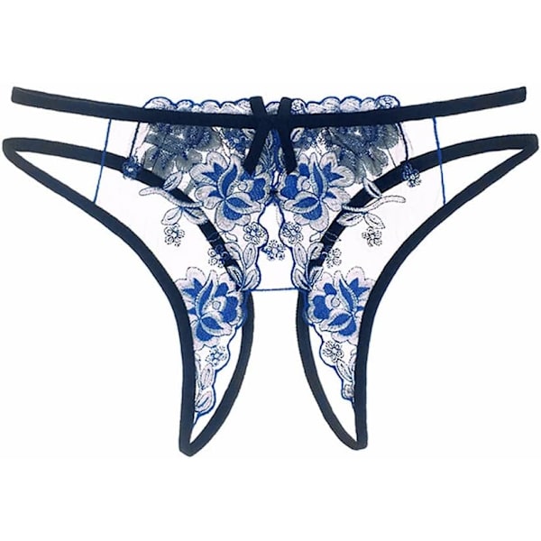 exi Fashion Dam Öppen Gren Trosa Transparent Sexig Underkläder Cutout Spetsbroderi G-String Trosor Blå One Size