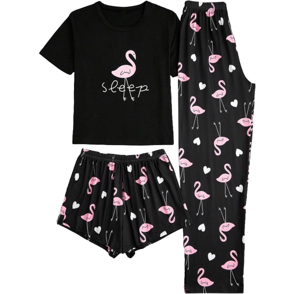 dusa dam 3-delad print Pyjamasset T-tröja och shorts Byxor Pj Set Flamingo Black X-Large