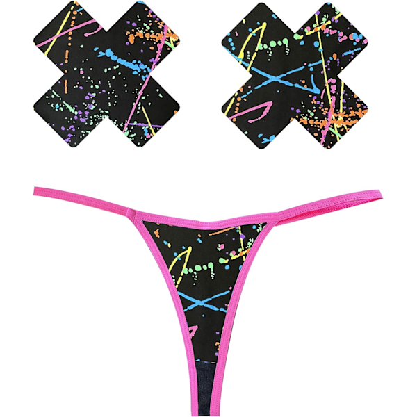en naken Naughty Nix G-string med matchande Nipztix Pasties Grafitti Black