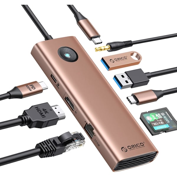 USB C-dockningsstation, 9-i-1 USB C-dongel med 4K HDMI, 2,5G Ethernet, 100W PD-laddning, SD/TF-kort, VGA och 3 USB 3.0-dataportar, lämplig för MacB