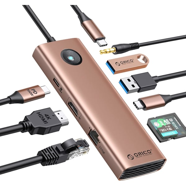 USB C-dockningsstation, 9 i 1 USB C-dongel med 4K HDMI, 2,5G Ethernet, 100W PD-laddning, SD/TF-kort, VGA och 3 USB 3.0-dataportar, lämplig för MacB